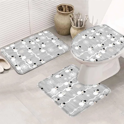 Vista 2 de Juego de 3 alfombras de baño de Feliz Navidad, diseño de muñeco de nieve, copo de nieve, gris nieve, absorbente, antideslizante, tapete