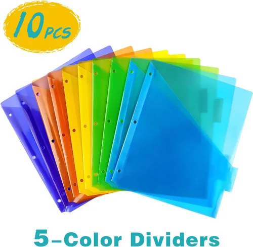 Vista 2 de Separadores de plástico para carpetas con un bolsillo frontal y divisor de carpetas de pestañas para carpeta de 3 anillas, multicolor, paquete de 10