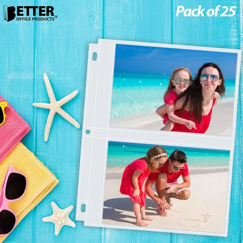 Vista 2 de Better Office Products Hojas de repuesto para álbumes, 5 x 7 pulgadas, pesadas, de 3 anillos transparentes con 3 anillas, 100 fotos en total, cada