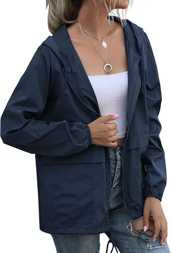Vista 3 de Chaqueta impermeable ligera para mujer, rompevientos con capucha y bolsillos para exteriores