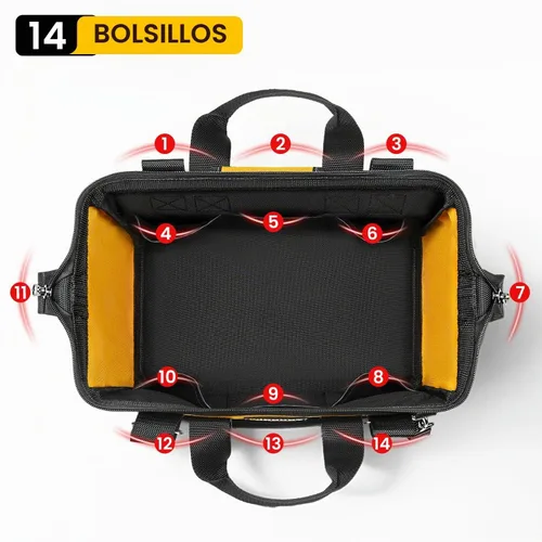 Vista 4 de WINHUNT Bolsa de herramientas premium, 14 bolsillos, 18 pulgadas, negro/amarillo, correa de hombro ajustable