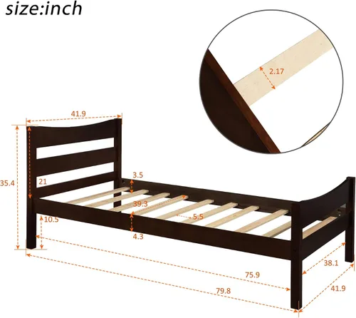 Vista 2 de Anwick Base de cama individual de madera con cabecero y estribo, base de colchón de plataforma con soporte de listones de madera para niños, Espresso