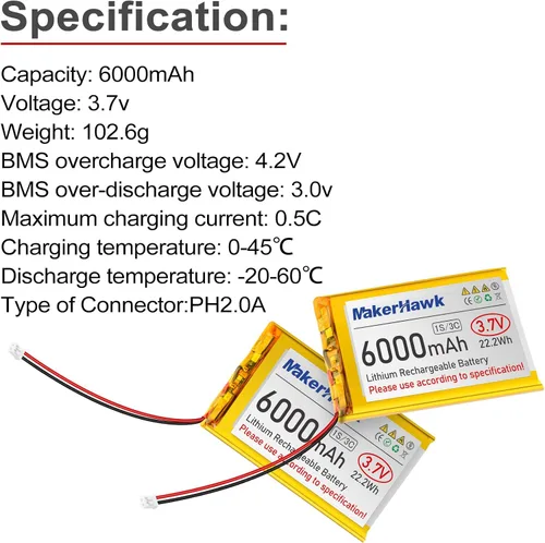 Vista 3 de MakerHawk Batería LiPo de 3.7V 6000mAh recargable 1S 3C 906090 Batería de polímero de litio con placa de protección, cinta de goma aislada, enchufe