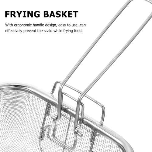 Vista 7 de Hemoton Cesta cuadrada de acero inoxidable para freír de 12.9 x 7.9 pulgadas con mango plegable, colador de freidora profunda para papas fritas