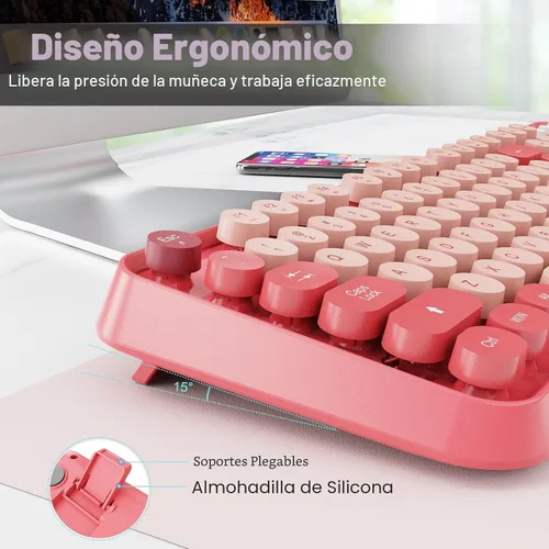 Vista 6 de Combo de teclado y ratón inalámbricos, teclado de máquina de escribir inalámbrico de tamaño completo de 2.4 GHz con teclas redondas para Windows