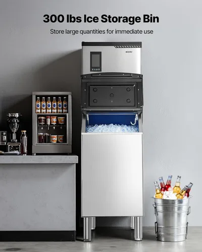 Vista 3 de VEVOR - Máquina comercial para hacer hielo, 136 kg/24 horas, con recipiente de almacenamiento de acero inoxidable de 136 kg, máquina para hacer