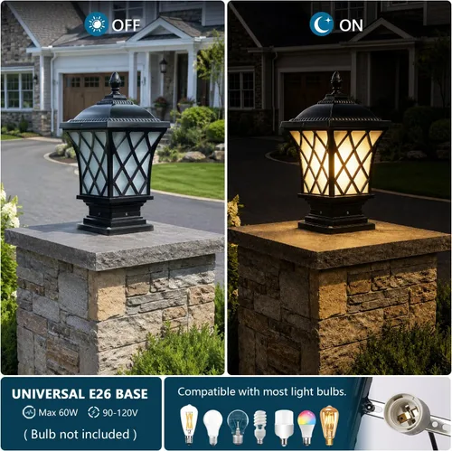 Vista 4 de Luces de columna para exteriores, lámpara de columna moderna de 18.9 ″ IP54 Luz de poste de vidrio impermeable para exteriores E26 Aluminio