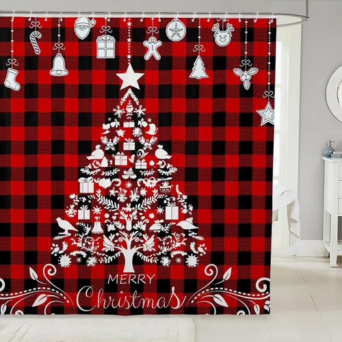 Vista 16 de Homewish Cortina de ducha de árbol de Navidad, juego de cortina de ducha de baño con diseño de copo de nieve dorado para niños y adultos, cortina