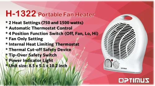 Vista 7 de Optimus H-1322 Calefactor portátil con ventilador de 2 velocidades y termostato, Blanco