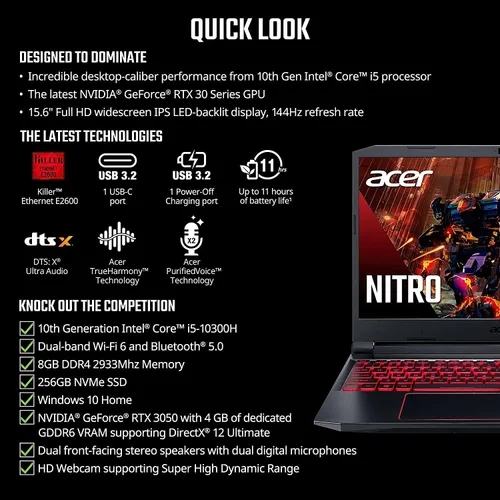 Vista 9 de Acer Nitro 5 2021 NVIDIA GeForce GTX 3050 Intel Core i5-10300H Pantalla IPS Full HD de 15.6 pulgadas de 144 Hz Killer Ethernet E2600 WiFi
