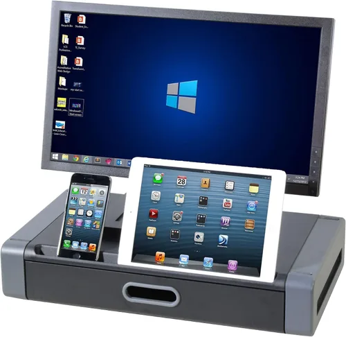 Vista 4 de Kantek Elevador de monitor con cajón y ranura para teléfono inteligente/tableta, 19 pulgadas de ancho x 11 pulgadas de profundidad x 4 pulgadas