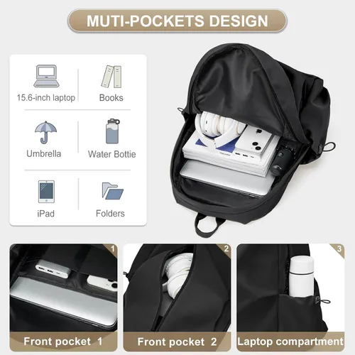Vista 3 de WEPOET Mochilas para la escuela, adolescentes, niñas, niños, mochila universitaria, mochila de viaje pequeña ligera para hombres y mujeres, a1-Negro