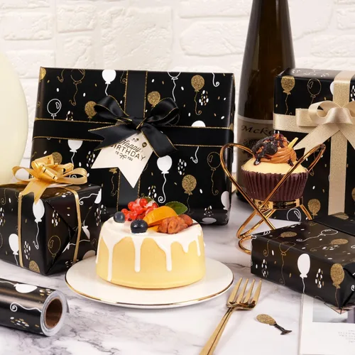 Vista 8 de Rollo de papel de regalo de cumpleaños, papel de regalo negro mate y dorado para mujeres, hombres, niños y niñas, diseño de globo de lámina dorada
