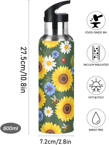 Vista 9 de BPA-Free Sports Water Bottle 32 Oz, Insulated Water Bottle for Gym Outdoor Travel School, Yellow Sunflowers