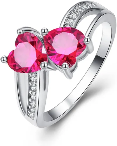 Vista 4 de Anillo de promesa de boda con topacio azul y blanco, chapado en plata de ley 925, con doble corazón