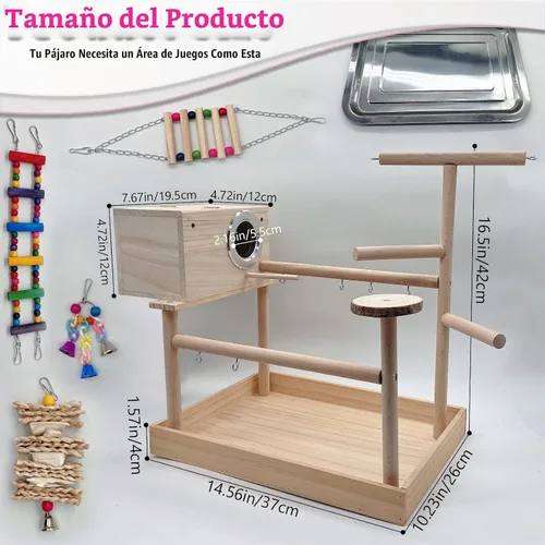 Vista 5 de kathson Parque infantil para pájaros, soporte de juego de loro, gimnasio de juego de periquitos con caja de cría y tazas de comida, soporte de perca