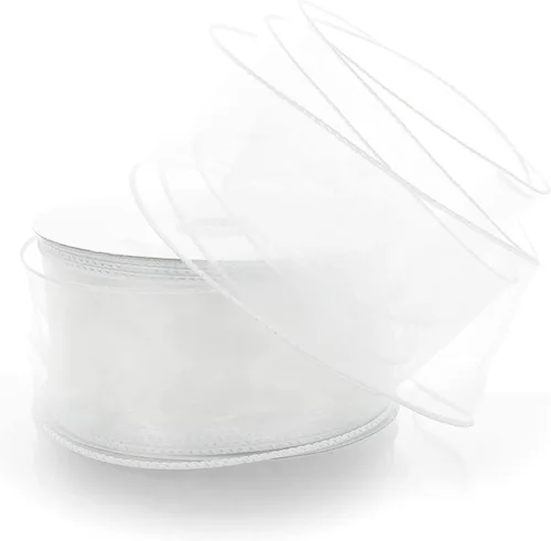 Vista 8 de Cinta de organza transparente con alambre de 2.5 pulgadas, color plateado de 10 yardas