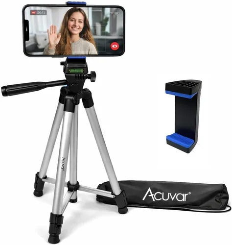 Vista 12 de Acuvar Trípode de teléfono de 50 pulgadas con soporte giratorio, filmación vertical y horizontal para iPhone y Android, trípode ligero de aluminio