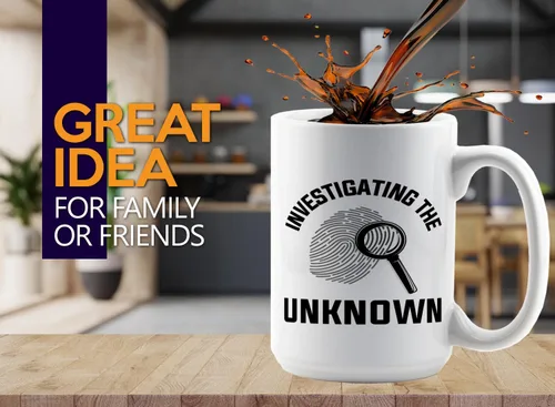 Vista 2 de Taza de café de detective de 15 onzas, color blanco - Investigando lo desconocido - oficial de policía policía patrulla detective sheriff aplicación