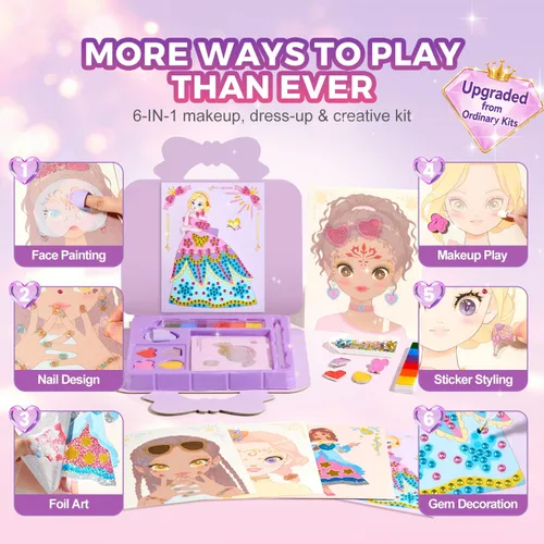 Vista 2 de Jar Melo Libros de actividades de maquillaje para niñas de 4 a 8 años, kit de manualidades 6 en 1 con arte de aluminio, calcomanías de gemas