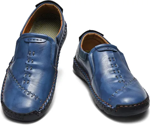 Vista 2 de MCEMACHI Mocasines de cuero para hombre, sin cordones, costuras a mano, zapatos casuales de moda para conducir Arkget para hombre. Incluye plantilla