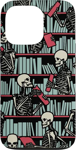 Vista 10 de iPhone 16 Bookish Public Library Skeleton Goth Librarian Books Pattern Case