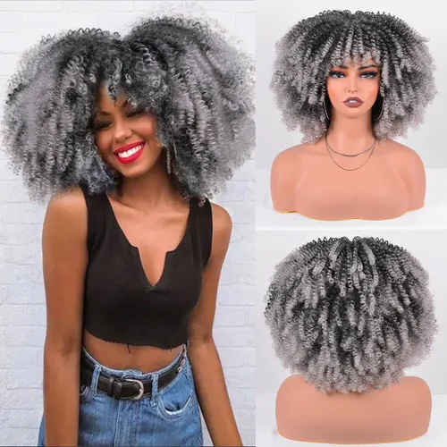 Vista 18 de Vitorish Peluca corta afro rizada con flequillo para mujeres negras, peluca sintética resistente al calor, color negro natural, para uso diario