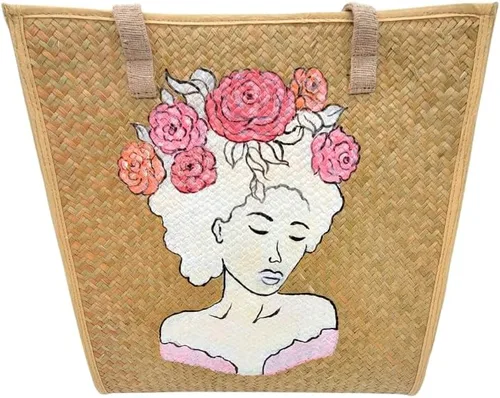 Vista 9 de Women's Handknitting Sea Grass Tote BagGirl Flower head Summer Tote BagHand Painted Acrylic color on seagrass Handcrafted Bag