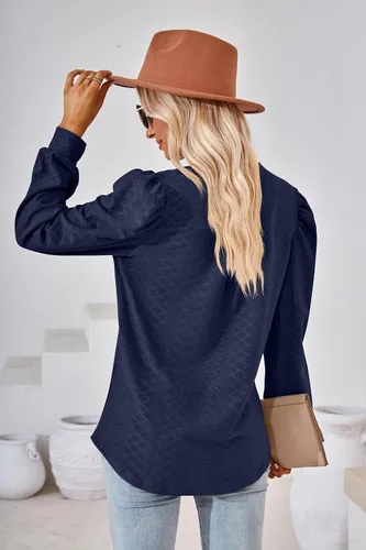 Vista 3 de Blusa casual de manga larga abombada con cuello en V para mujer
