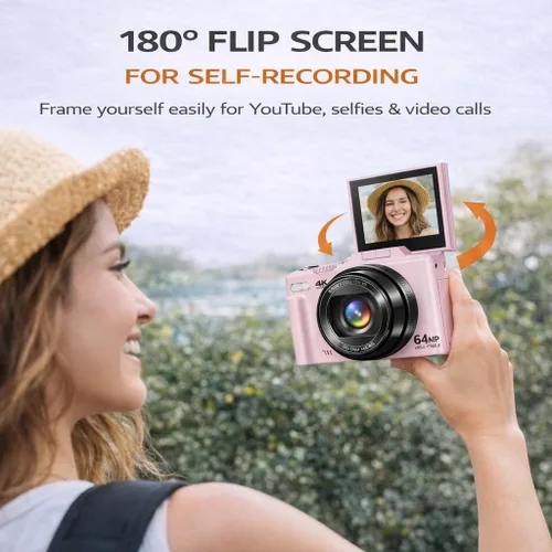 Vista 5 de Cámara digital 4K 64MP Vlogger Essentials Kit con trípode flexible, funda de transporte, lente gran angular, pantalla abatible de 180°, WiFi, zoom