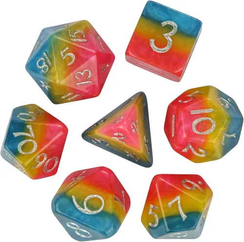 Vista 14 de Juego de dados de resina para DND, juego de 7 dados poliédricos negros D&D rellenos con papel de colores brillantes para juegos de rol
