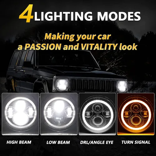 Vista 3 de Shkalacar Faro LED H4 de 7 pulgadas 140W Ojos de Ángel Faros redondos 4 modos 14000LM 6000K Blanco/3000K Ámbar Faro de coche y motocicleta Auto Ring