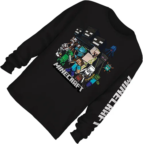 Vista 3 de Minecraft Camiseta de videojuegos para niños, color negro y verde, camiseta oficial de manga larga