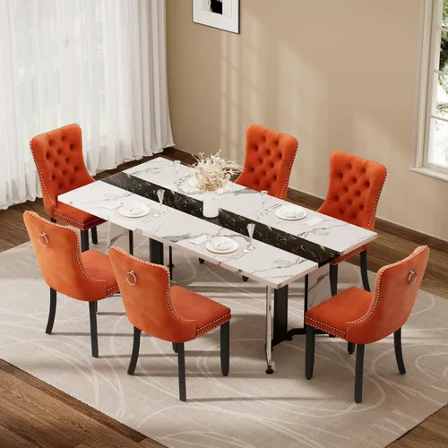 Vista 34 de Juego de mesa de comedor de 5 piezas con 4 sillas, mesa de comedor rectangular de madera de 71 pulgadas con sillas de comedor de terciopelo, tablero