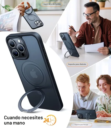 Vista 3 de TORRAS Funda magnética Ostand para iPhone 15 Pro Max, probada en caídas de grado militar, compatible con MagSafe, soporte plegable integrado, parte