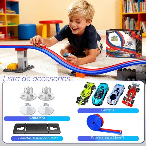 Vista 7 de Pista de carreras de doble carril con ventosas, pista de carreras flexible portátil enrollable, ventosas fundidas a presión 1/64 para edades de 3