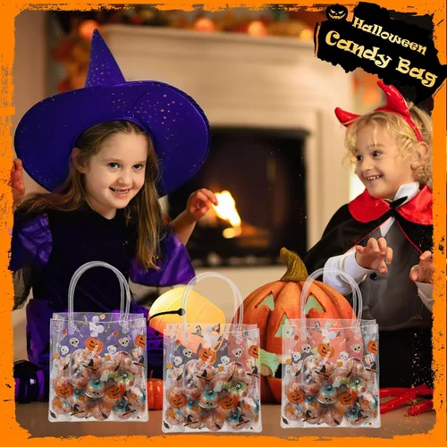 Vista 5 de Silkfly 50 bolsas de regalo transparentes de Halloween con asa, bolsas de PVC para golosinas