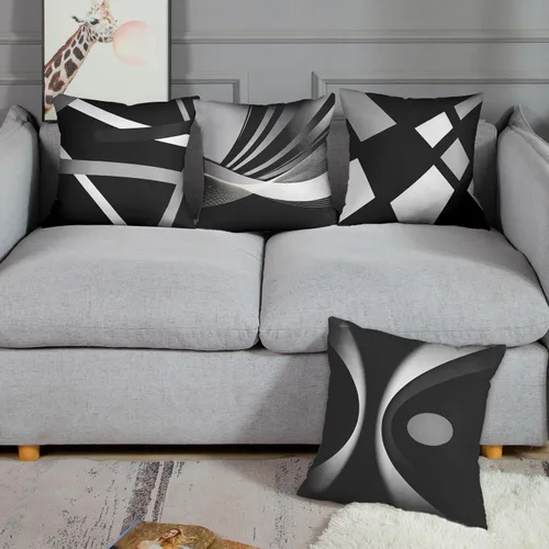 Vista 4 de Emvency Juego de 4 fundas de almohada negras modernas abstractas de rayas grises grises grises y blancas de acrílico llamativo, fundas de almohada