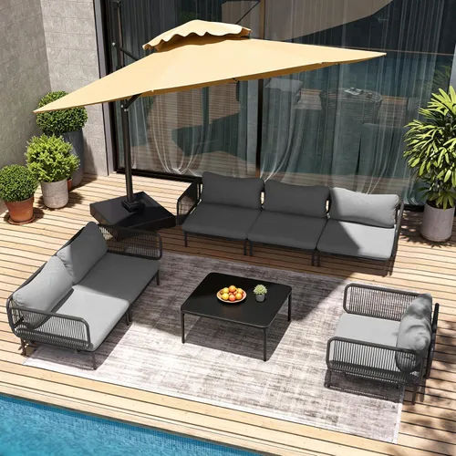 Vista 9 de Sofá modular moderno de 5 piezas para exteriores con mesa auxiliar, juego de conversación de patio de 31 pulgadas, resistente a la intemperie Gris