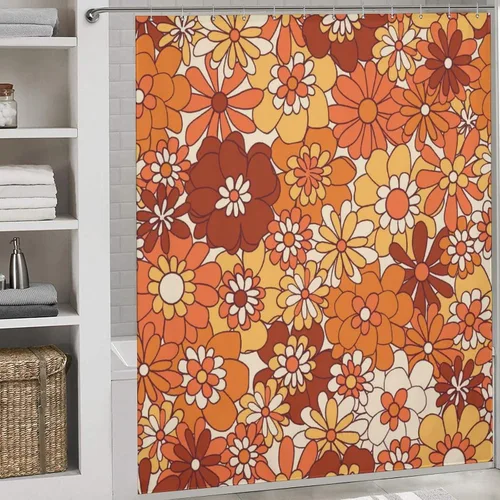Vista 6 de Ohocut Cortina de ducha floral naranja, cortinas de ducha retro bohemias para baño, bonitas cortinas de baño de flores geniales, cortina de ducha