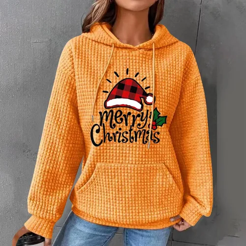 Vista 2 de Camisas de Navidad para mujer, sudadera con capucha de manga larga con estampado de cordón y bolsillo, S-3XL