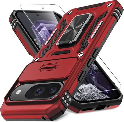 Vista 18 de DEERLAMN Funda para Google Pixel 8 con cubierta deslizante para cámara + protector de pantalla (1 paquete), soporte de anillo giratorio grado
