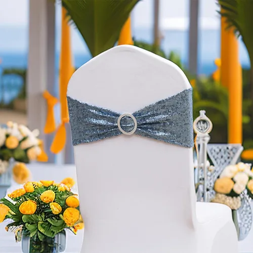 Vista 6 de Paquete de 50 bandas de lentejuelas color azul polvoriento para sillas de boda, lazos para fiestas, banquetes de cumpleaños, aniversario, eventos al