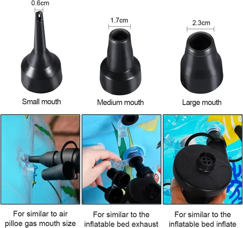 Vista 2 de Bomba de aire eléctrica para inflables, bomba de aire portátil de llenado rápido con 3 boquillas, inflador y desinflador de 110 V CA/12 V CC