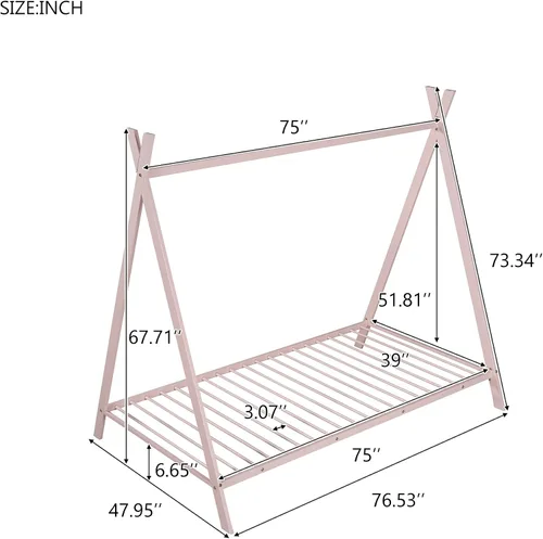 Vista 2 de Cama de casa individual para niños, cama Montessori de metal, marco de cama, cama de juego con listones para niñas y niños, no necesita somier
