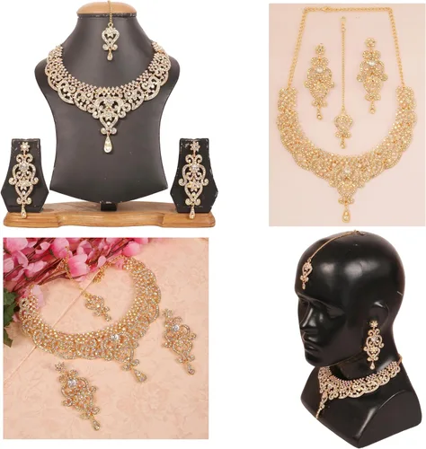 Vista 108 de Conjunto precioso de collar con look real Indian Bollywood, maravillosamente decorado, conjunto de collar adornado para mujer.