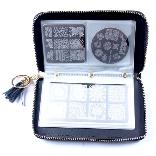 Vista 3 de Estuche para placa de estampado de uñas de 24 ranuras, redondo, cuadrado, rectangular, organizador de placa de sello de uñas, color rosa, negro