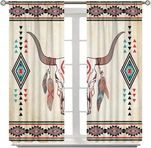 Vista 298 de Cortinas con patrón geométrico tribal, estilo suroeste, azteca, rústico, occidental, nativo americano, opacas, con bolsillo para barra, decoración