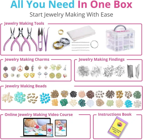Vista 6 de Modda Kit Deluxe de Fabricación de Joyas con Curso en Video, Incluye Instrucciones, Abalorios, Elaboración de Collar, Pulsera, Aretes, Manualidades