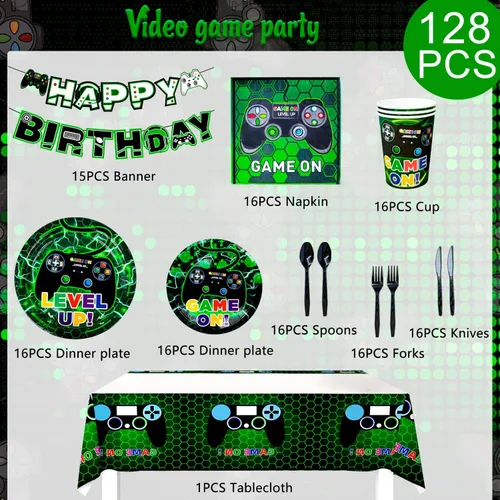 Vista 2 de Vajilla de fiesta de cumpleaños para 16 invitados, platos de videojuegos y servilletas, suministros para fiestas, incluye platos de fiesta